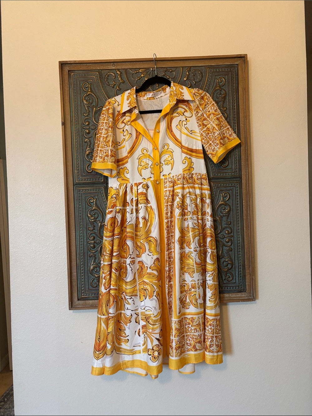 NO BRAND inspired Yellow and White Baroque Shirt Dress